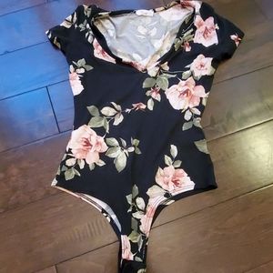 Black floral thong bodysuit